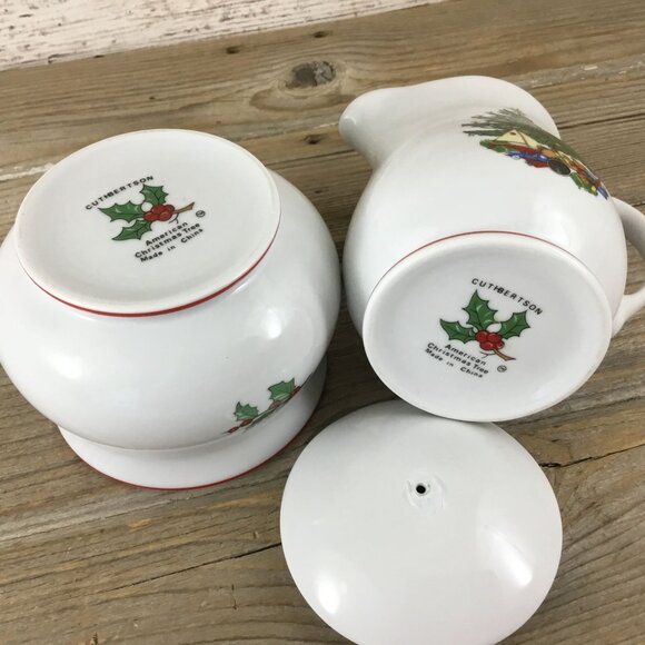 Cuthbertson American Christmas Tree Creamer & Sugar Bowl Set Porcelain Red Trim - Picture 10 of 10